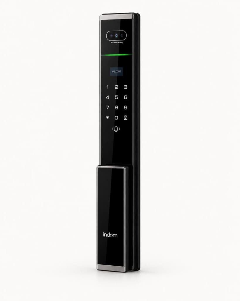 Cerradura inteligente indom X-ONE, caras frontal y trasera sobre fondo neutro