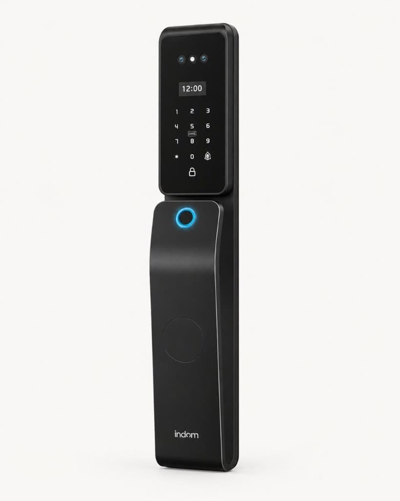 Cerradura inteligente indom S-ONE, caras frontal y trasera sobre fondo neutro